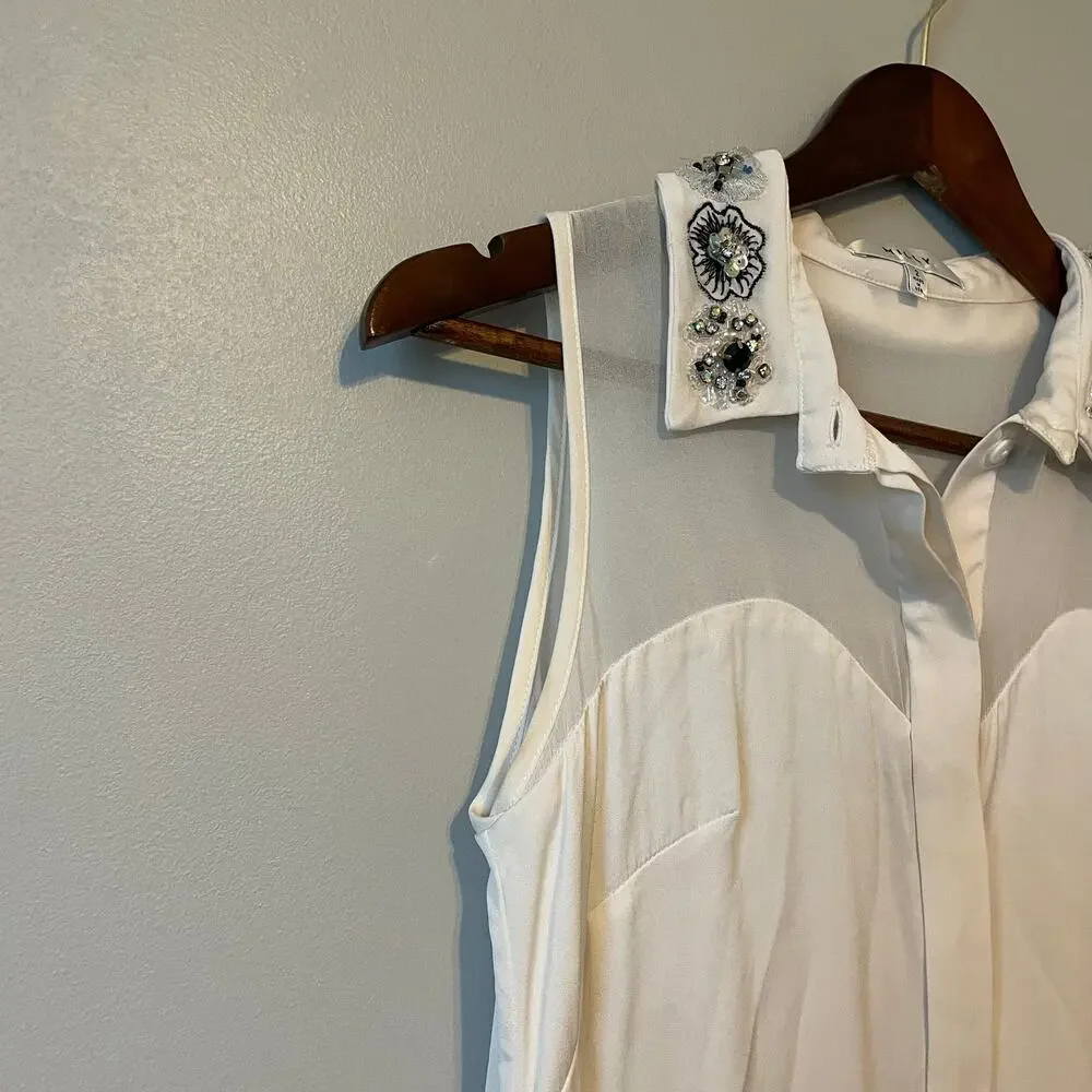 Milly Jane Silk Crepe Sleeveless Blouse cream embellished collar sz 2 - Picture 4 of 15
